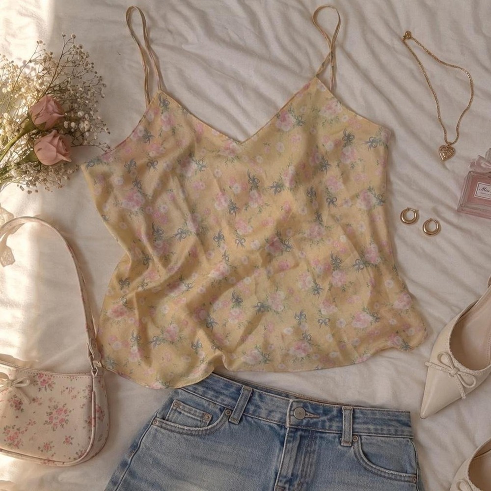 Floral Satin Cami Y2K pale gold satin floral cami